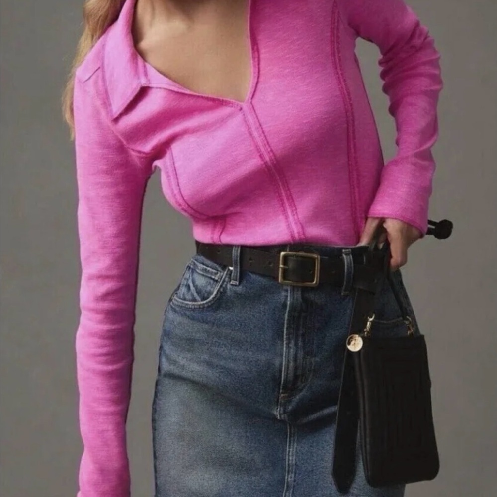 Pilcro Knit Collared Blouse Magenta Solid Long Sleeve Women's Regular Fit Size S